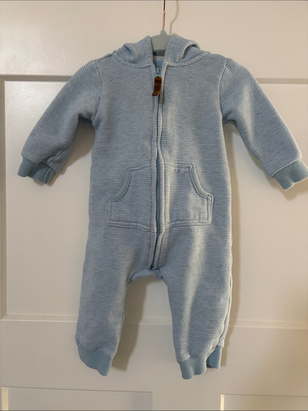 Carter’s Baby Boy Hooded One-Piece Romper in Light Blue Fleece Lined 6 Months